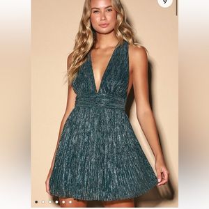 Lulu’s Ailey Gold and Teal Blue Skater Dress